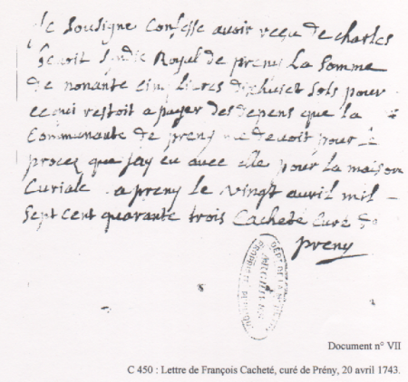 Lettre du curé de Prény en 1743